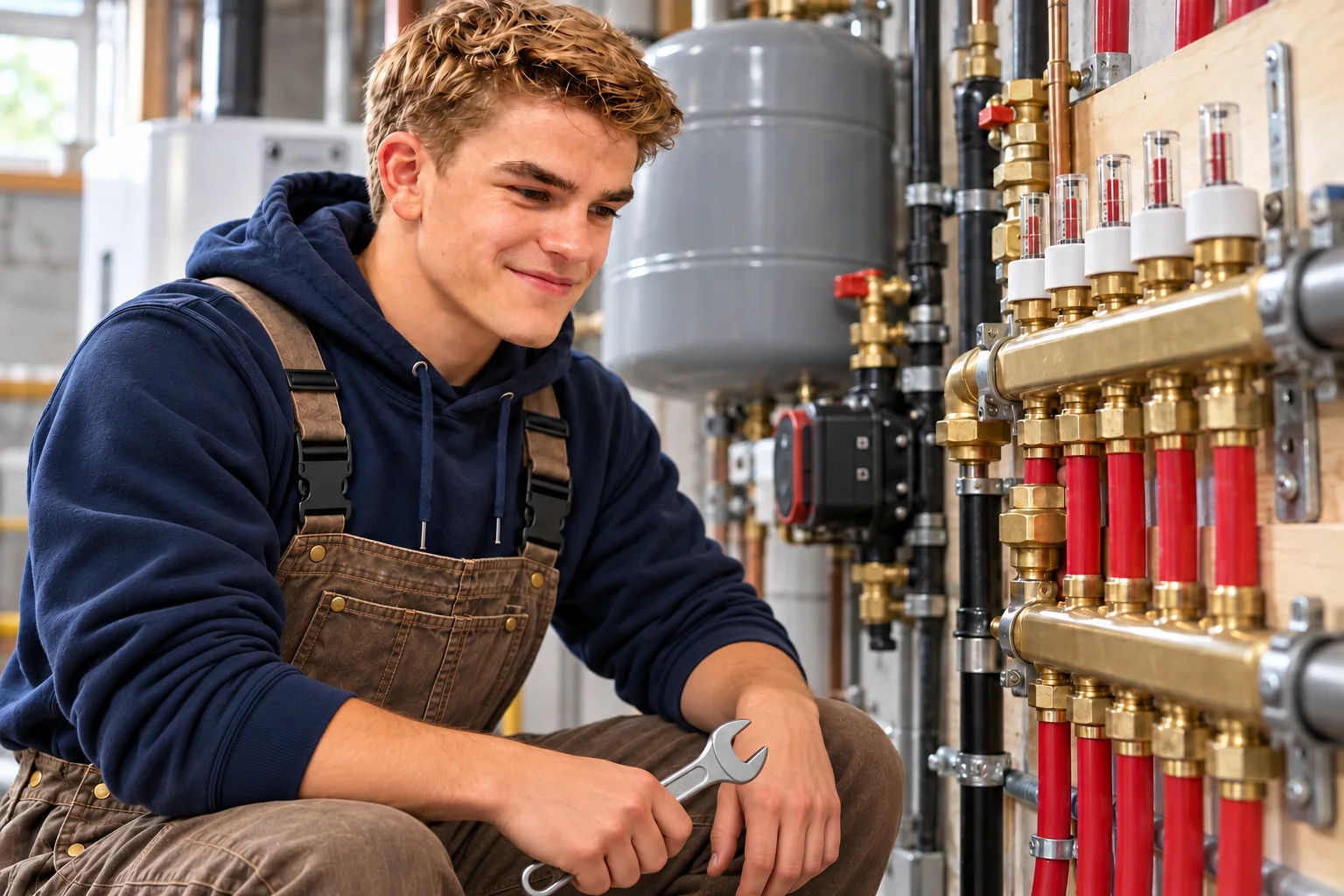 Hunter Norris of Preferred Plumbing Solutions working on a radiant heating manifold