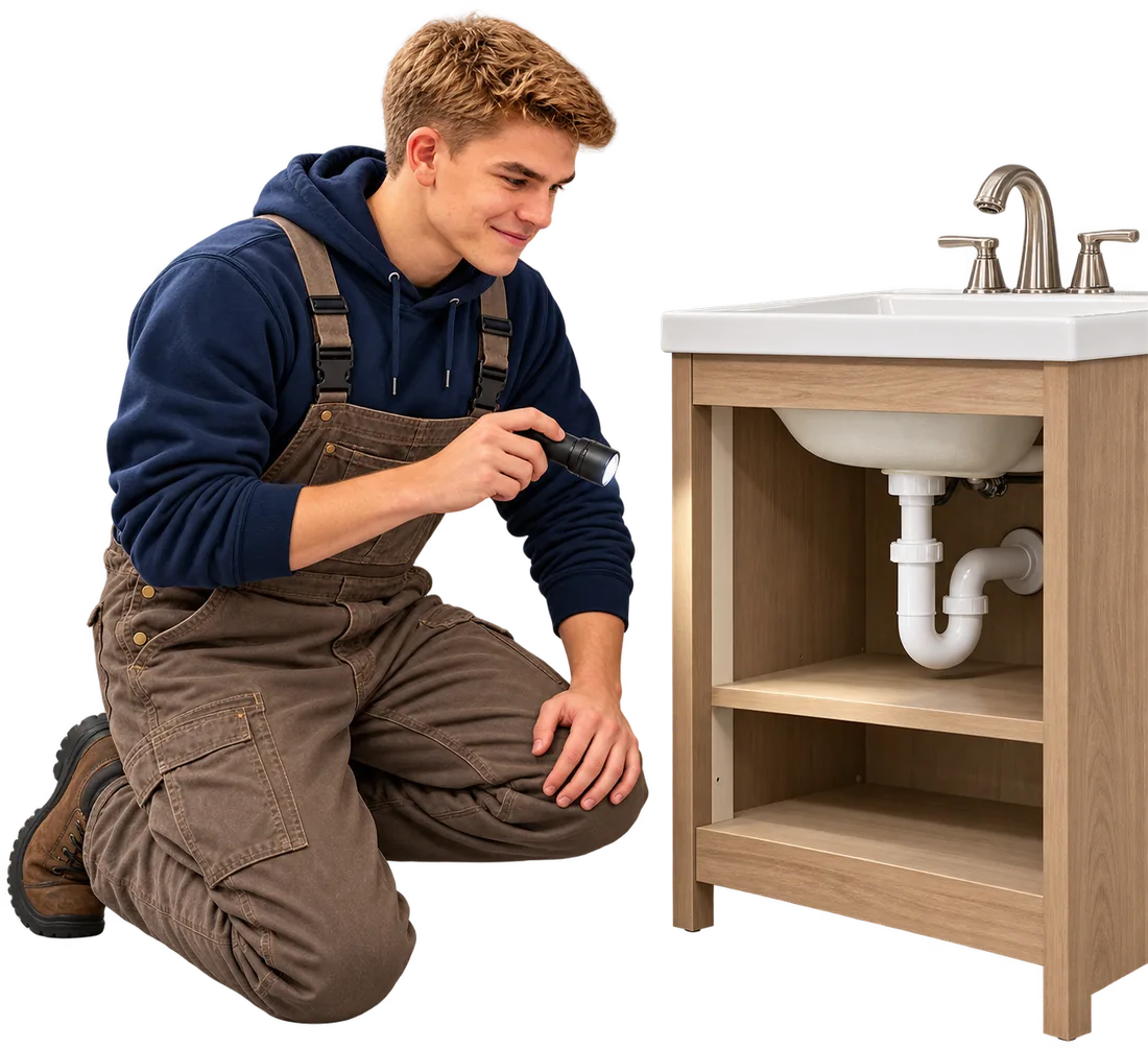 Hunter Norris of Preferred Plumbing Solutions inspecting the plumbing beneath a bathroom sink